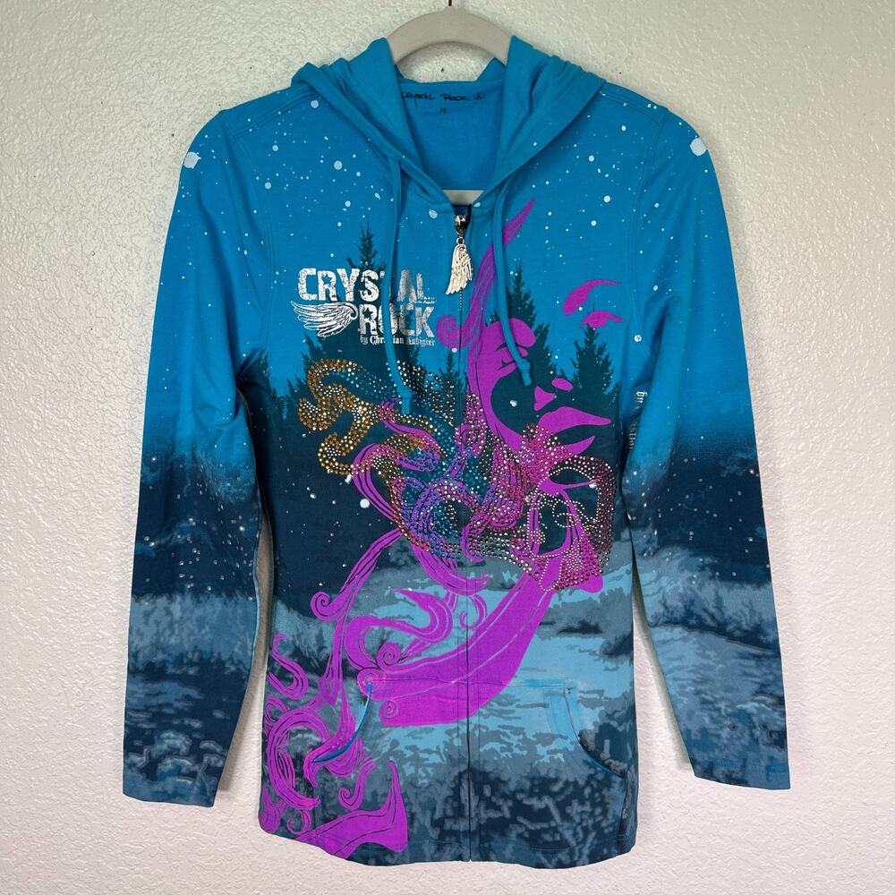 Christian Audigier Y2K Jacket Womens Medium Crystal Rock Rhinestone Hoodie Art